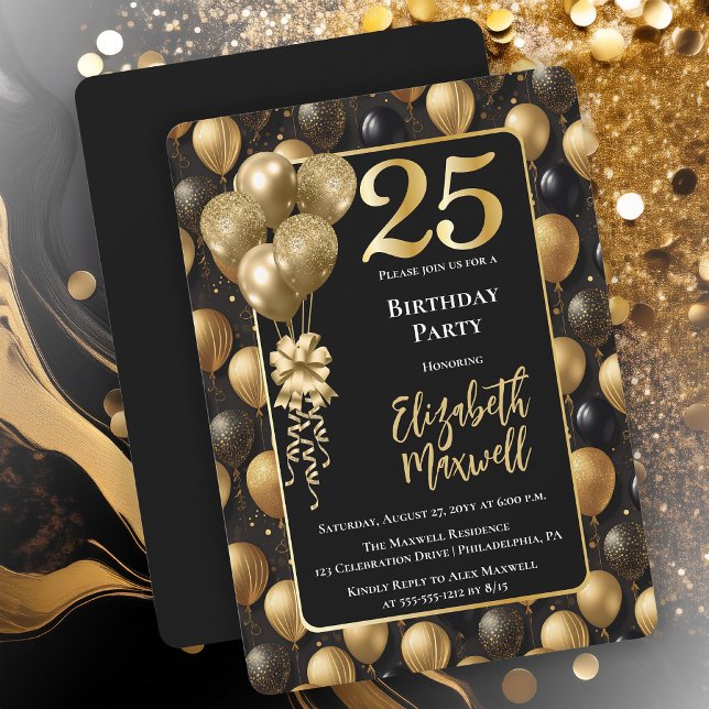 Invitation Balloons élégants noirs et dorés pour 25e annivers (Elegant Black Gold-Tone Faux Glitter Balloons Pattern 25th Birthday Party Invitation 
Print Digital)