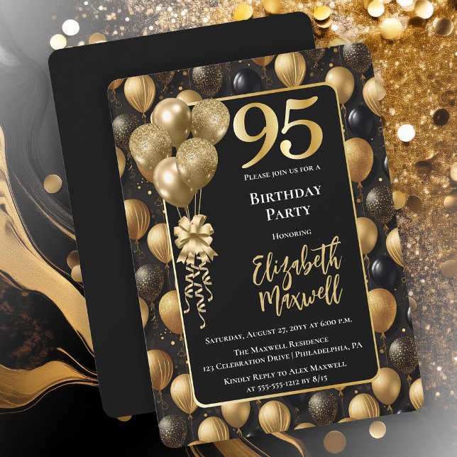 Invitation Balloons élégants noirs et dorés pour 95e annivers (Elegant Black Gold-Tone Faux Glitter Balloons Pattern 95th Birthday Party Invitation 
Print Digital)