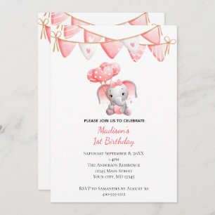 Invitation Balloons Eléphants Rose Bébé Fille Anniversaire