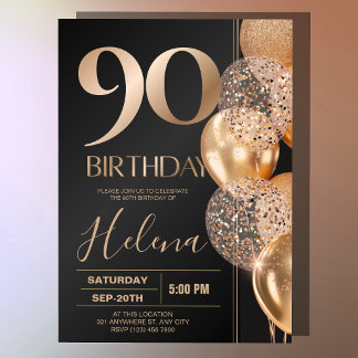 Invitation Balloons en confettis noirs et or pour les 90 ans