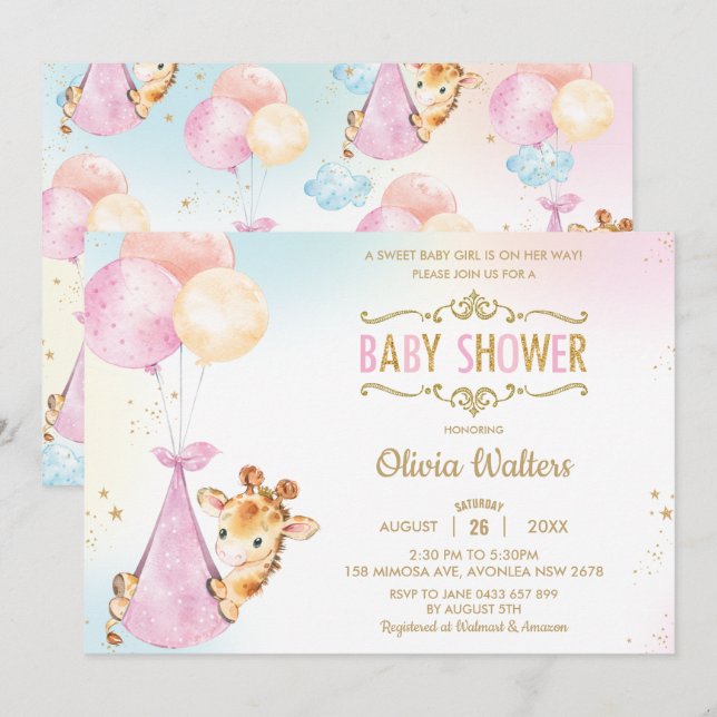 Invitation Balloons en Giraffe de Whimsical Baby shower fille (Devant / Derrière)