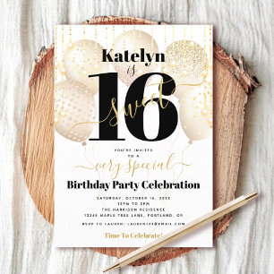 Invitation Balloons en or blanc pour un anniversaire Sweet 16