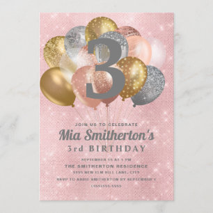 Invitation Balloons en or rose argent fille 3e anniversaire