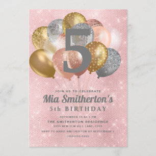 Invitation Balloons en or rose argent fille 5e anniversaire