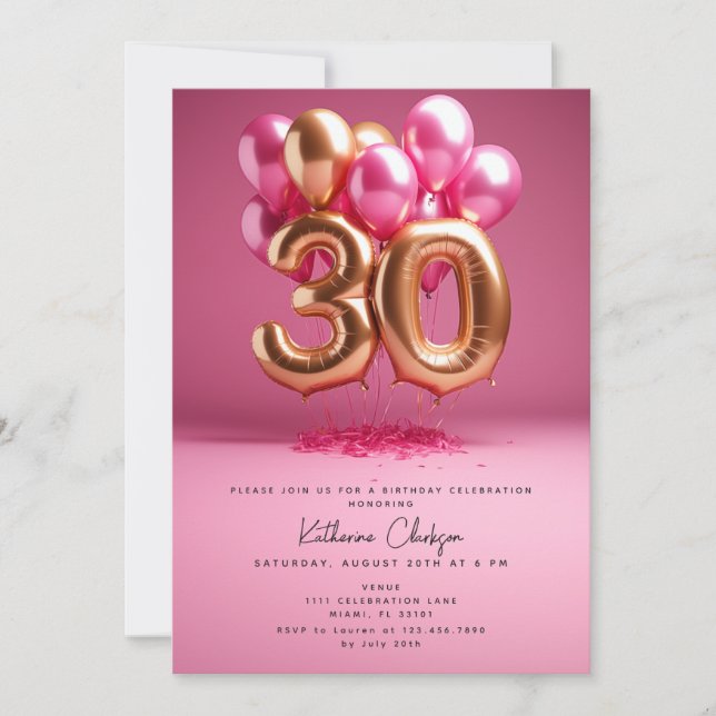 Invitation Balloons en or rose chaud 30e fête d'anniversaire (Devant)