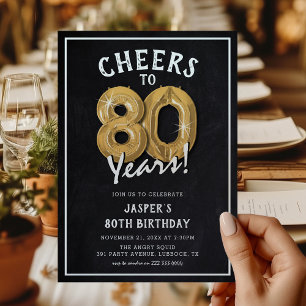 Invitation Balloons en or tableau noir rustique 80e anniversa
