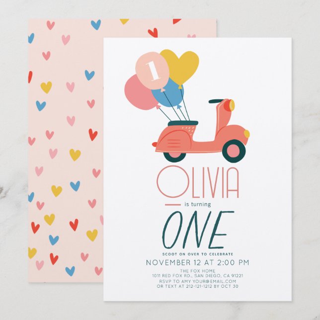 Invitation Balloons en Scooter rose Fille 1er anniversaire (Devant / Derrière)