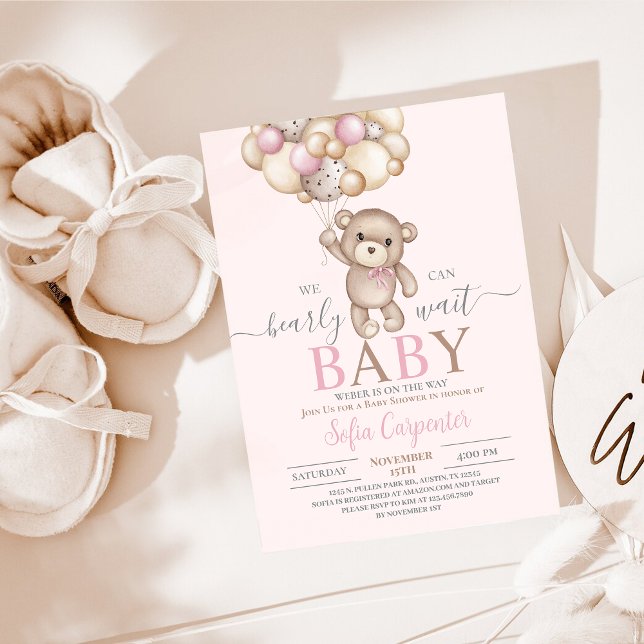 Invitation Balloons en Teddy rose Baby shower fille (Créateur téléchargé)