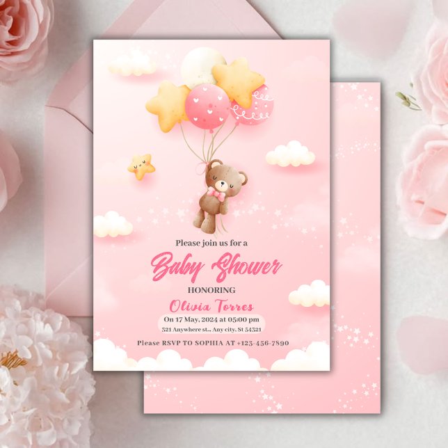 Invitation Balloons en Teddy rose Fille Baby shower (Créateur téléchargé)