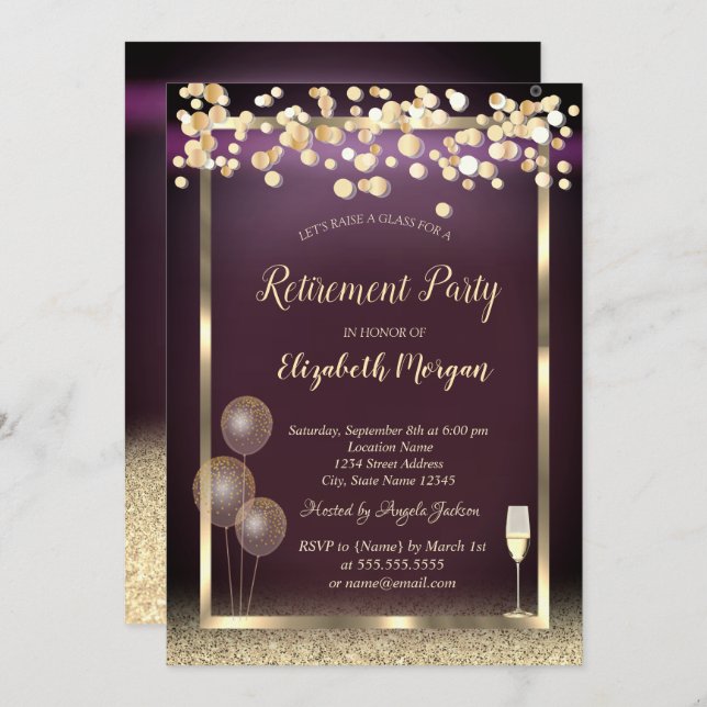Invitation Balloons en verre Parties scintillant Gold Burgund (Devant / Derrière)