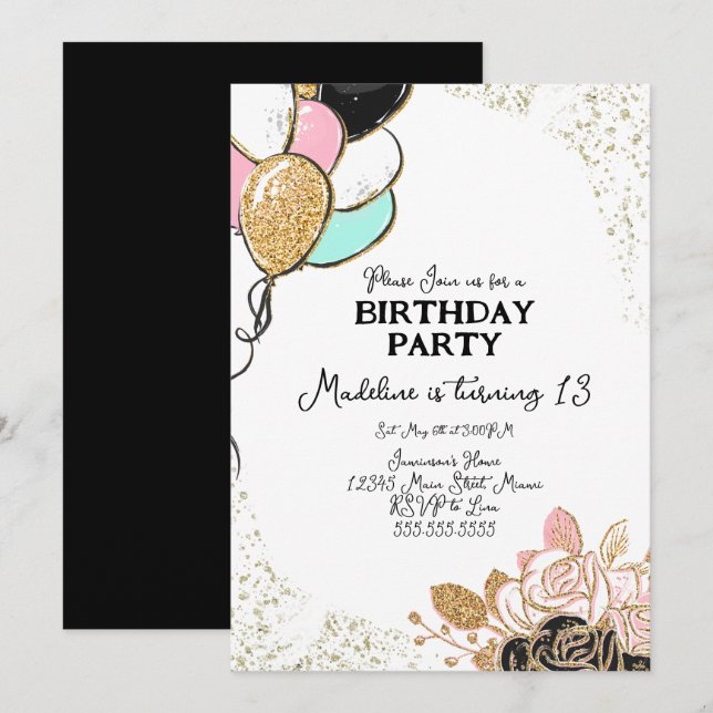 Invitation Balloons et Fleurs Rose Noir Fête d'Anniversaire (Devant / Derrière)