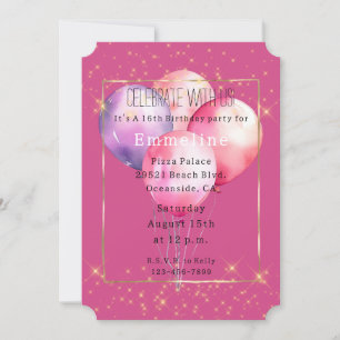 Invitation Balloons Fille Rose Or Étincelles