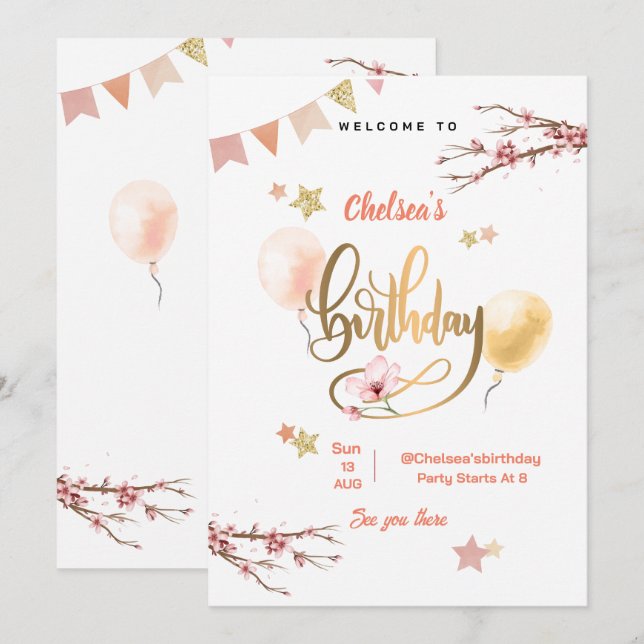 Invitation Balloons Fleurs Aquarelle Rose Anniversaire  (Devant / Derrière)