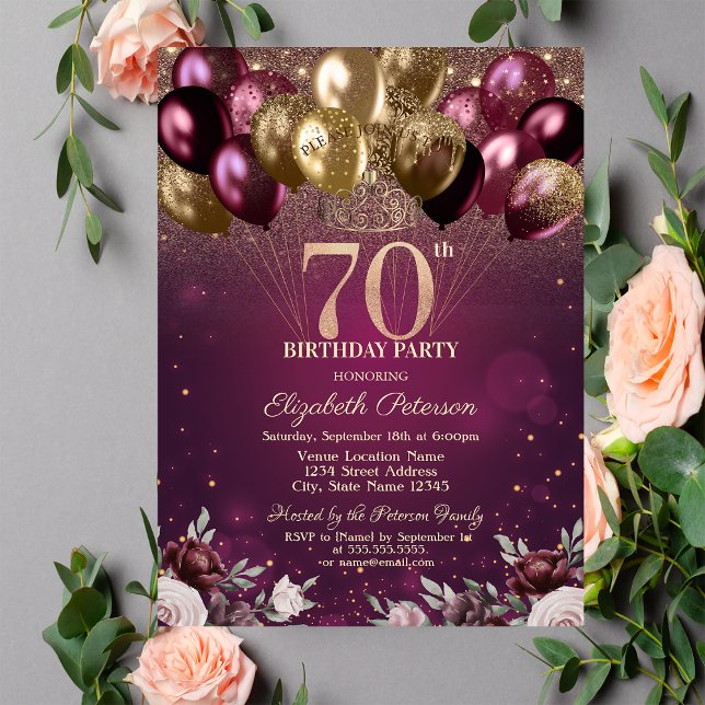 Invitation Balloons Fleurs Pailletés Bourgogne 70 ans Anniver (Créateur téléchargé)