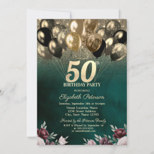 Invitation Balloons Fleurs Vertes Pailletés Or 50e Anniversai