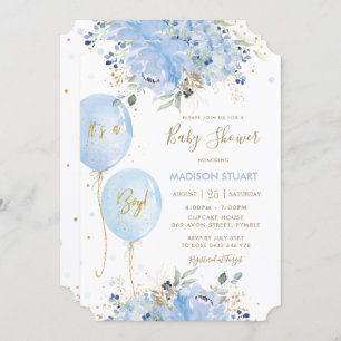 Invitation Balloons Floraux Bleus Chic Moderne Baby shower I