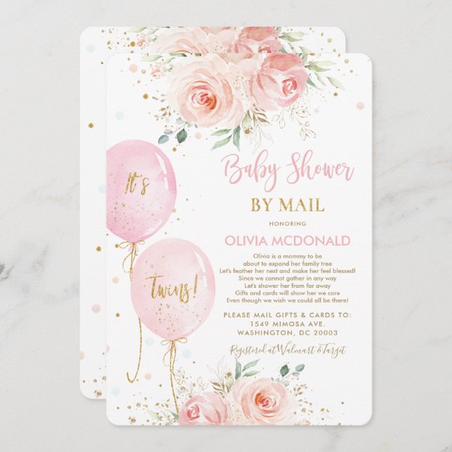 Invitation Balloons Floraux Blush Twins Baby shower par la po (Devant / Derrière)