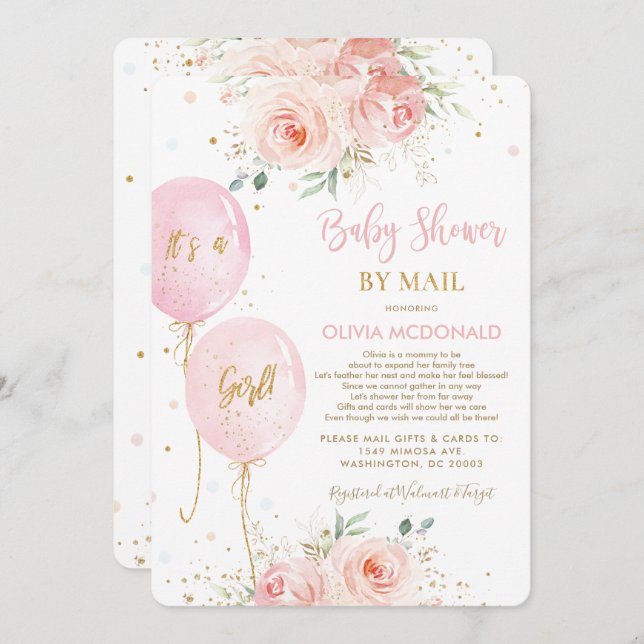 Invitation Balloons Floraux Roses Noires Baby shower Or par M (Devant / Derrière)