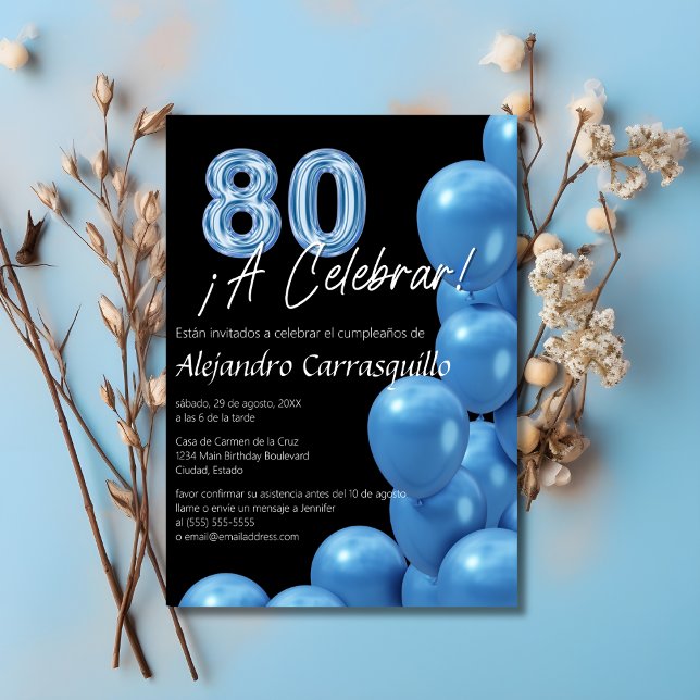 Invitation Balloons Fun Bleus Espagnols Noir 80ème Anniversai (Créateur téléchargé)