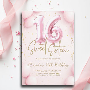 Invitation Balloons Girly rose Calligraphie Élégante Sweet 16