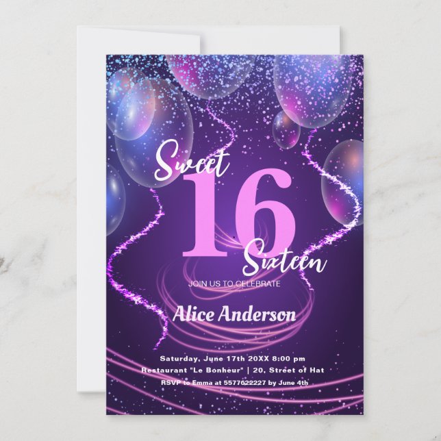 Invitation Balloons Glamour Fille pour 16 ans (Devant)