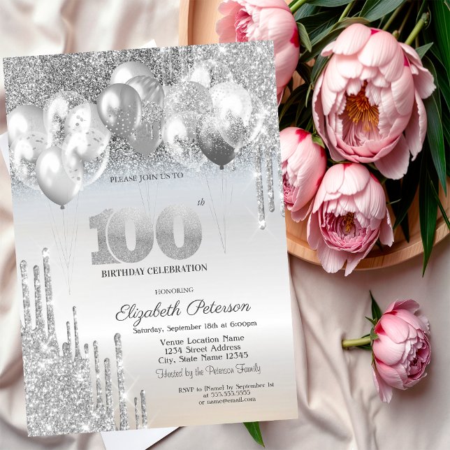 Invitation Balloons Gouttes de Paillettes Argent 100e Anniver (Créateur téléchargé)