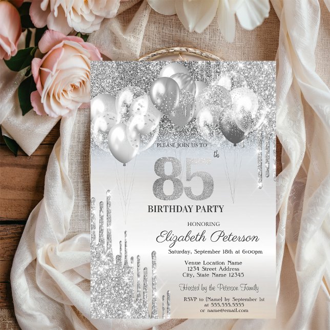 Invitation Balloons Gouttes de Paillettes Argentées Élégantes (Créateur téléchargé)