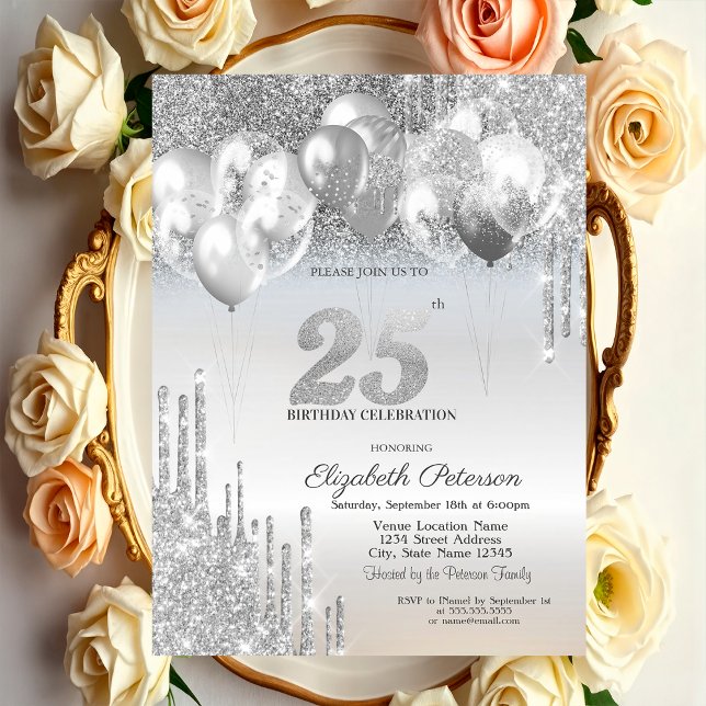 Invitation Balloons Gouttes de Paillettes Argentées Élégantes (Créateur téléchargé)