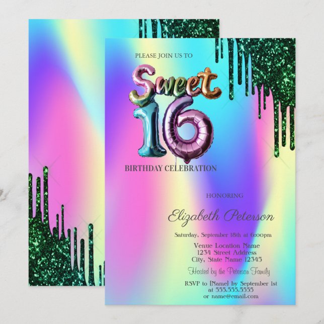 Invitation Balloons holographiques sucrés 16 avec gouttes de  (Devant / Derrière)