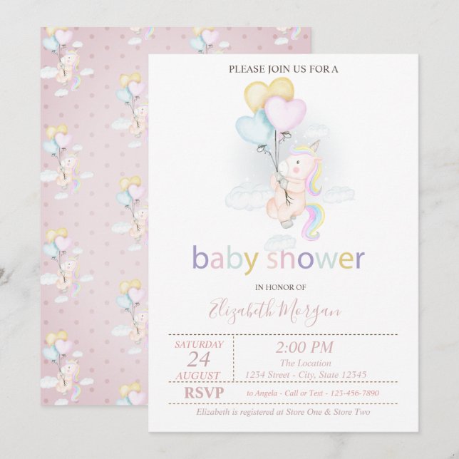 Invitation Balloons Licorne Bébé Mignons pour Baby Shower (Devant / Derrière)