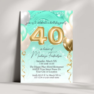 Invitation Balloons Marbre Pailleté Sarcelle & Or 40ème Anniv