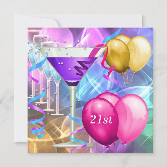 Invitation Balloons Martini Blanc Rose Violet pour 21 ans (Devant)