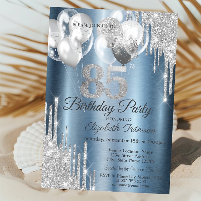 Invitation Balloons Metallic Bleu 85ème Gouttes de Paillettes (Créateur téléchargé)