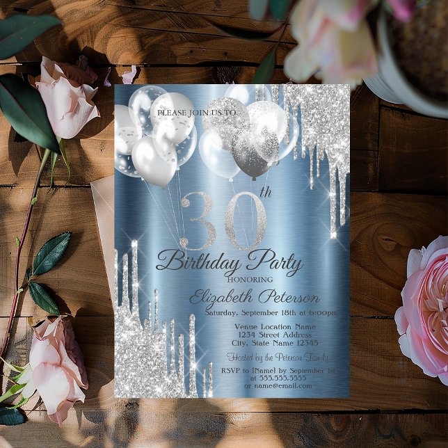Invitation Balloons Metallic Bleu avec Gouttes de Paillettes  (Créateur téléchargé)