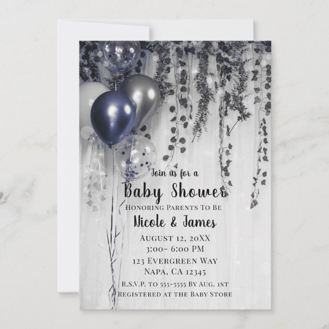 Invitation Balloons métallisés bleu argent Fête prénatale Ivy (Devant)