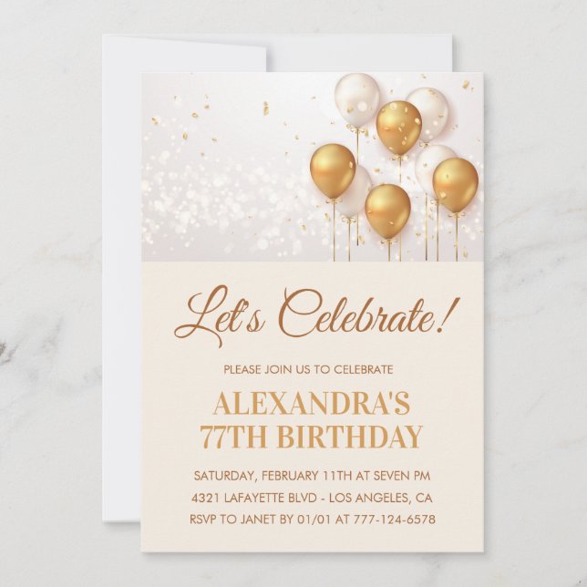 Invitation Balloons modernes Or Blanc 77e anniversaire (Devant)