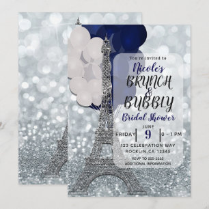 Invitation Balloons Navy avec paillettes argentées Tour Eiffe