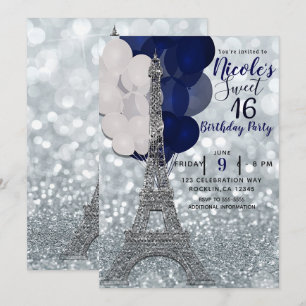 Invitation Balloons Navy Glitter Argent Tour Eiffel Paris