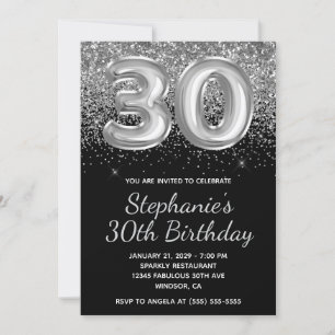 Invitation Balloons Noir Pailleté Argent Étincelant 30ème Ann