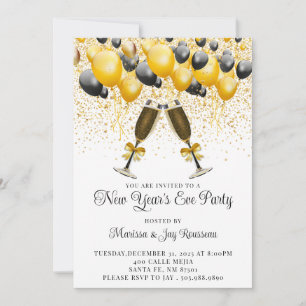 Invitation Balloons Noirs d'Or Moderne Soirée du Nouvel An