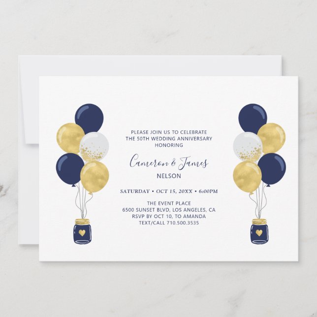 Invitation Balloons Or et Navy 50e anniversaire de mariage (Devant)