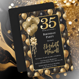 Invitation Balloons Pailletés Noir Élégant pour 35e Anniversa