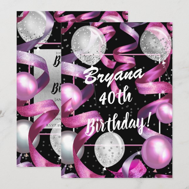 Invitation Balloons Pailletés Rose Noir Argent Anniversaire 4 (Devant / Derrière)