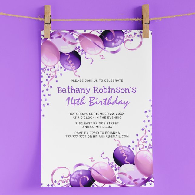 Invitation Balloons Pailletés Violets Anniversaire (Créateur téléchargé)