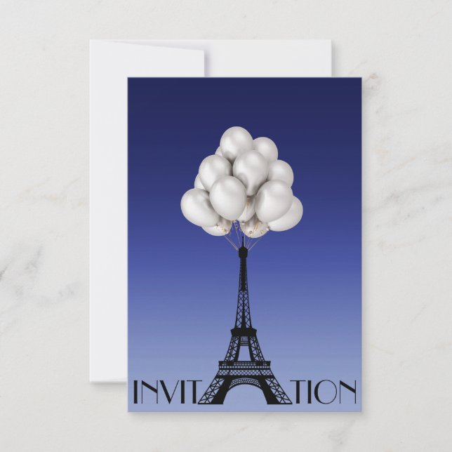 Invitation Balloons Paris Tour Eiffel Glam Chic Bleu (Devant)