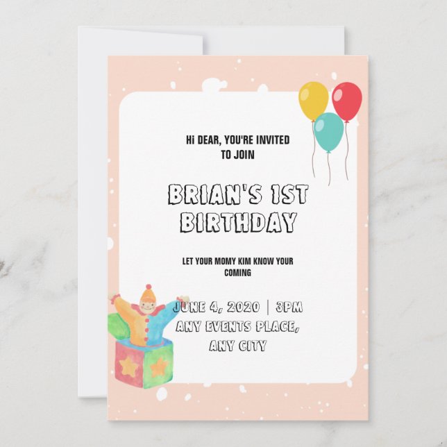 Invitation Balloons Pink Borders Baby Girl Toy 1er anniversai (Devant)