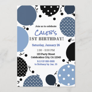 Invitation Balloons pois bleus et noirs pour fête d'anniversa