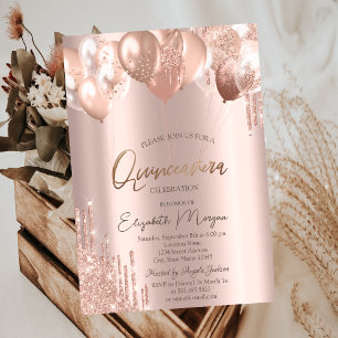 Invitation Balloons Quinceañera Glitter Drips Or Rose Gold Ch