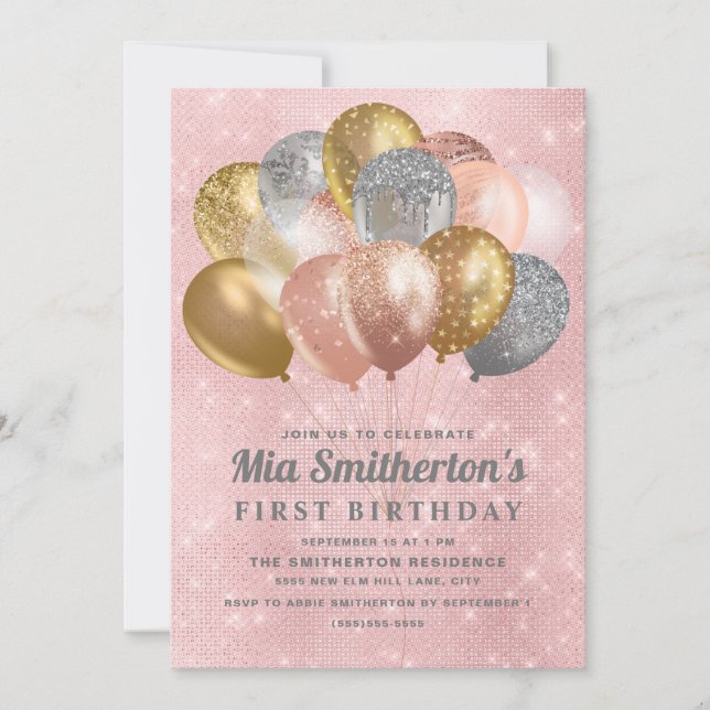 Invitation Balloons Rose Argent Or 1er Anniversaire Fille (Devant)