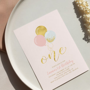 Invitation Balloons rose et or 1ère Fille Anniversaire